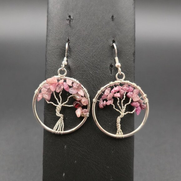 Jewelry - Silver Plated Pink Tourmaline Tree Of Life Earrings A6750
